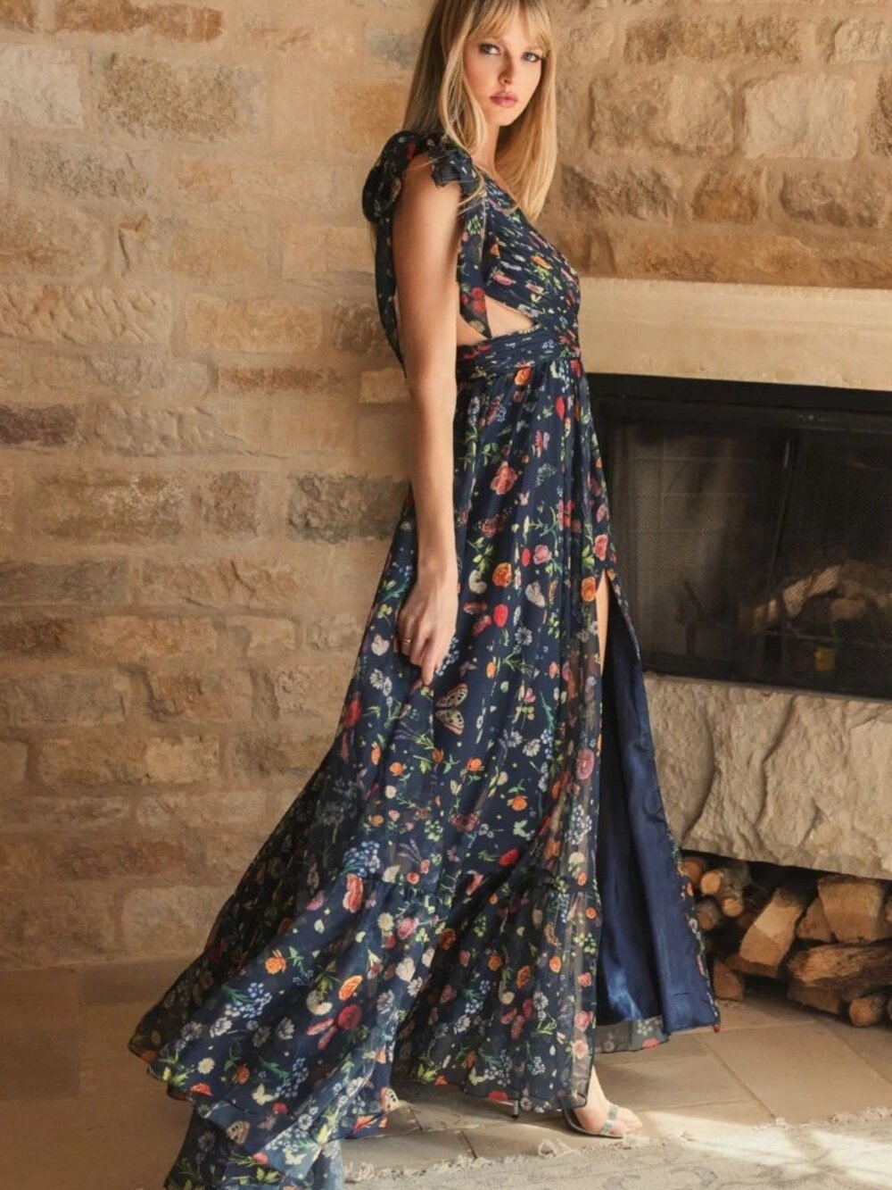 MAC DUGGAL Size 0 Navy 67938 Floral Tied One Shoulder Cut-Out Flowy Gown Dress - Picture 6 of 14